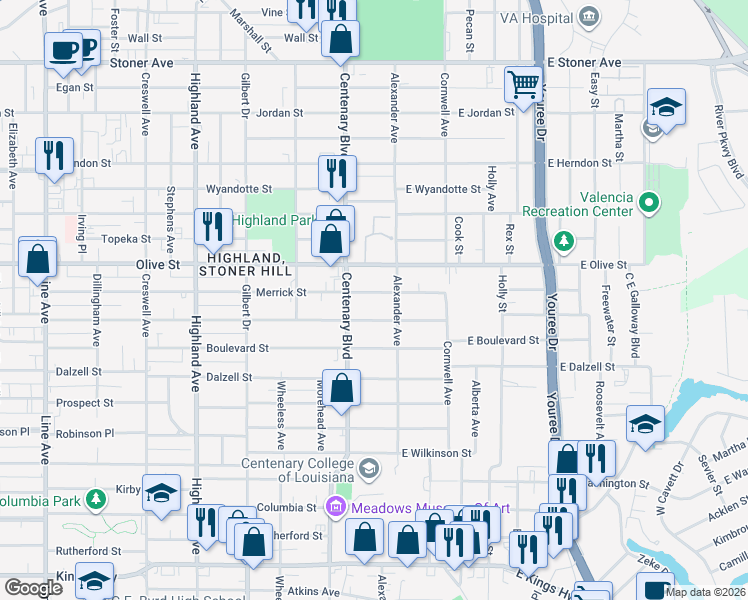 map of restaurants, bars, coffee shops, grocery stores, and more near 131 Merrick Street in Shreveport