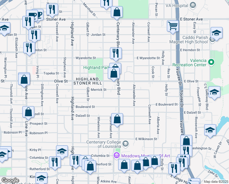 map of restaurants, bars, coffee shops, grocery stores, and more near 211 Merrick Street in Shreveport