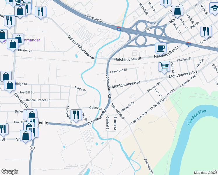 map of restaurants, bars, coffee shops, grocery stores, and more near 399 Jonesboro Rd in West Monroe