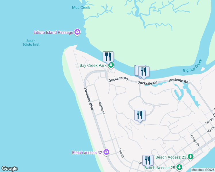 map of restaurants, bars, coffee shops, grocery stores, and more near 1 Myrtle Street Exd in Edisto Island
