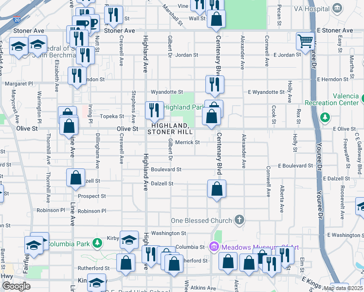 map of restaurants, bars, coffee shops, grocery stores, and more near 335 Merrick Street in Shreveport