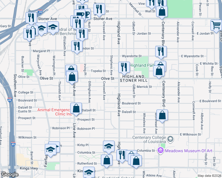 map of restaurants, bars, coffee shops, grocery stores, and more near 537 Merrick Street in Shreveport