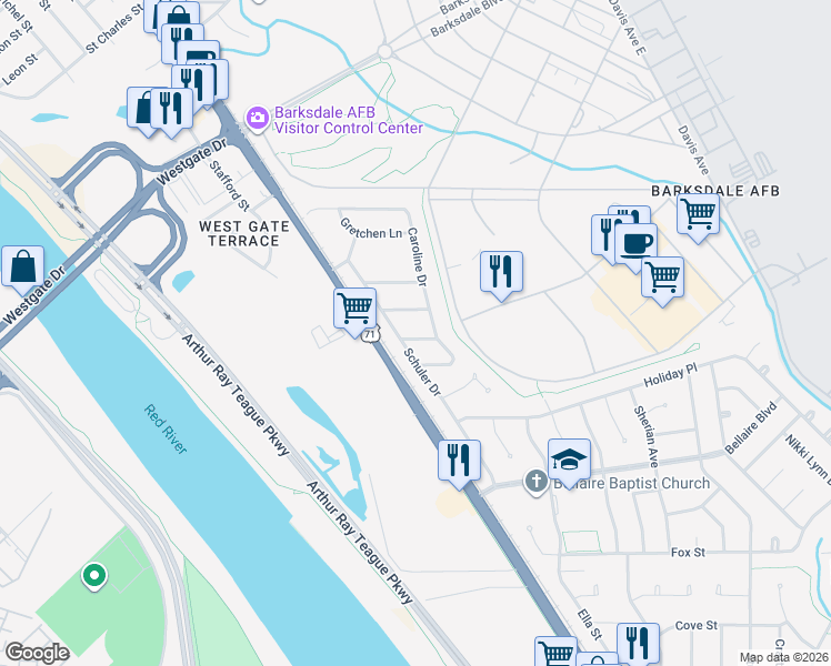 map of restaurants, bars, coffee shops, grocery stores, and more near 1205 Amanda Drive in Bossier City
