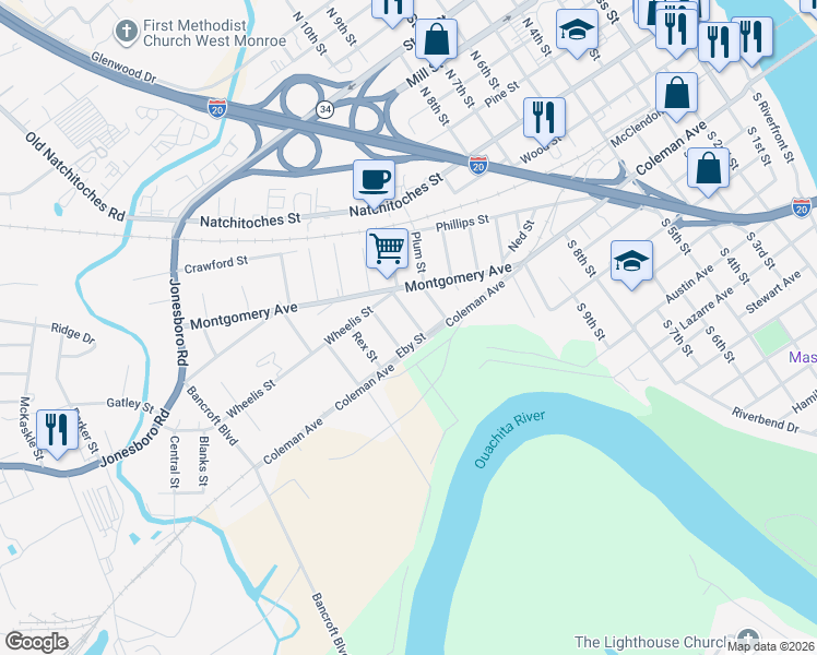 map of restaurants, bars, coffee shops, grocery stores, and more near 216 Heard St in West Monroe
