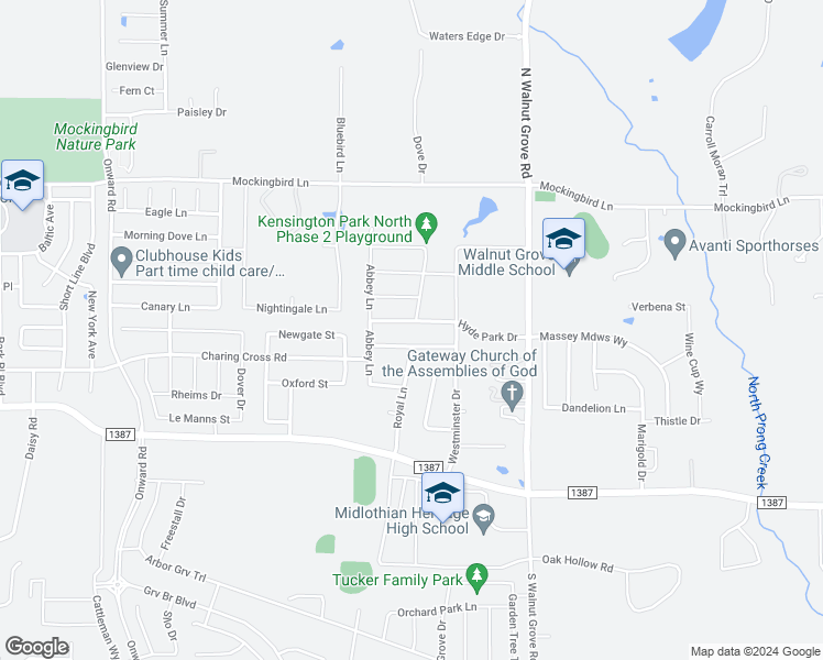 map of restaurants, bars, coffee shops, grocery stores, and more near 3630 Hyde Park Drive in Midlothian