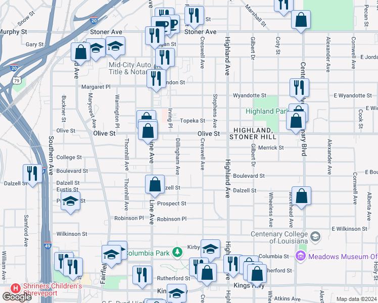 map of restaurants, bars, coffee shops, grocery stores, and more near 633 Merrick Street in Shreveport