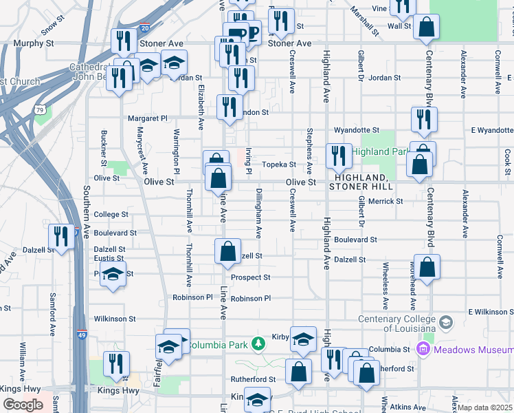 map of restaurants, bars, coffee shops, grocery stores, and more near 701 Merrick Street in Shreveport