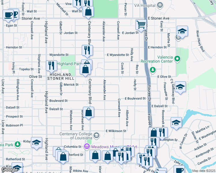 map of restaurants, bars, coffee shops, grocery stores, and more near 113 East Merrick Street in Shreveport
