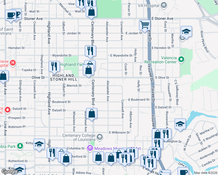 map of restaurants, bars, coffee shops, grocery stores, and more near 113 East Merrick Street in Shreveport