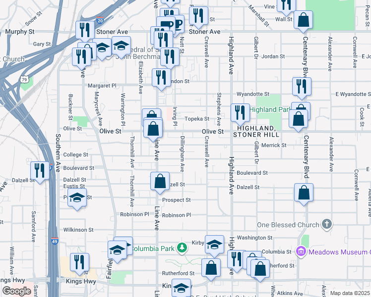 map of restaurants, bars, coffee shops, grocery stores, and more near 701 Merrick Street in Shreveport