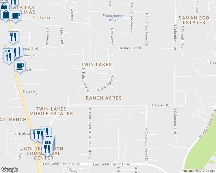 map of restaurants, bars, coffee shops, grocery stores, and more near 15732 North Starboard Drive in Tucson
