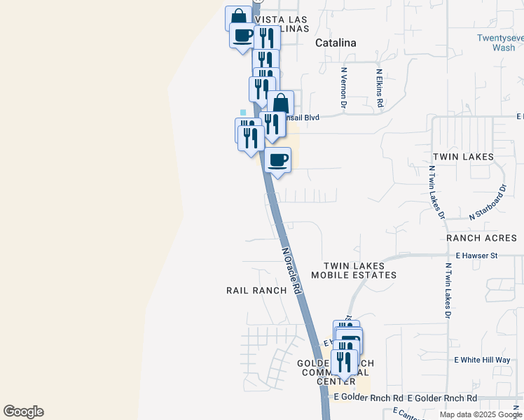 map of restaurants, bars, coffee shops, grocery stores, and more near 15691 North Oracle Road in Tucson