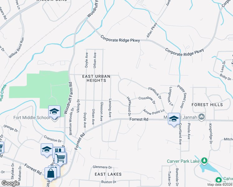 map of restaurants, bars, coffee shops, grocery stores, and more near 3121 Huntwood Drive in Columbus