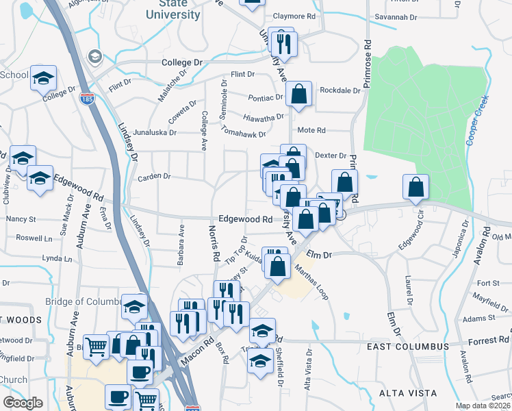 map of restaurants, bars, coffee shops, grocery stores, and more near 322 Hardaway Court in Columbus