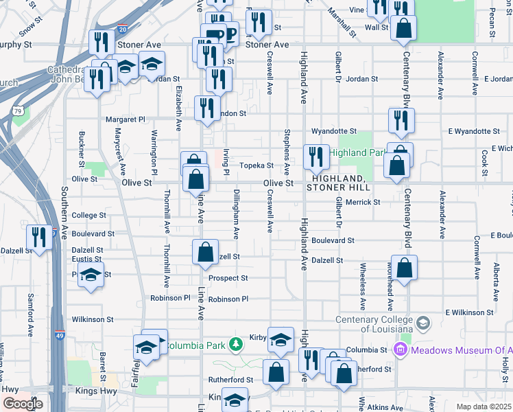 map of restaurants, bars, coffee shops, grocery stores, and more near 619 Merrick Street in Shreveport