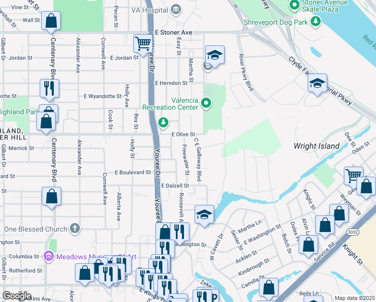map of restaurants, bars, coffee shops, grocery stores, and more near 2115 Freewater Street in Shreveport