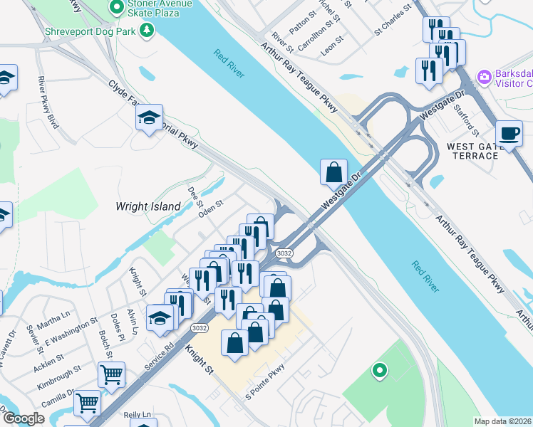 map of restaurants, bars, coffee shops, grocery stores, and more near 1349 Georgia Street in Shreveport