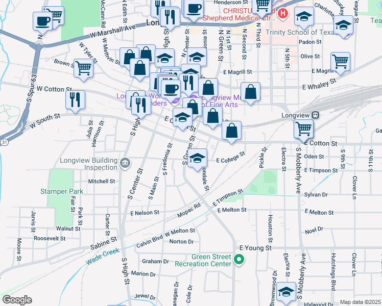 map of restaurants, bars, coffee shops, grocery stores, and more near 310 South Green Street in Longview