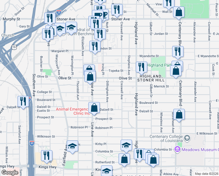 map of restaurants, bars, coffee shops, grocery stores, and more near 649 Merrick Street in Shreveport