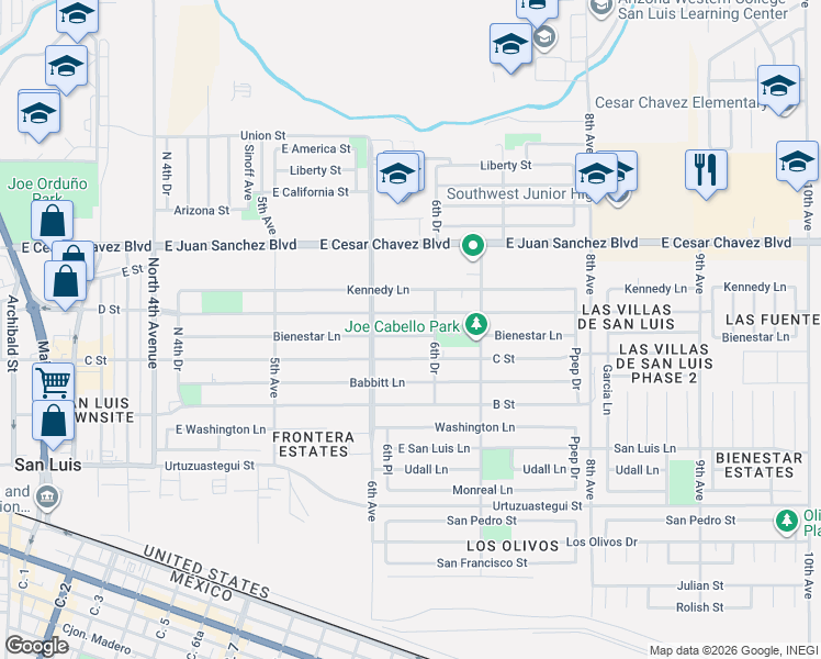 map of restaurants, bars, coffee shops, grocery stores, and more near 1366 Bienestar Lane in San Luis