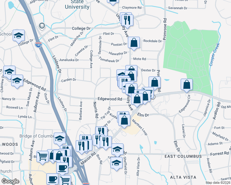 map of restaurants, bars, coffee shops, grocery stores, and more near 322 Hardaway Court in Columbus