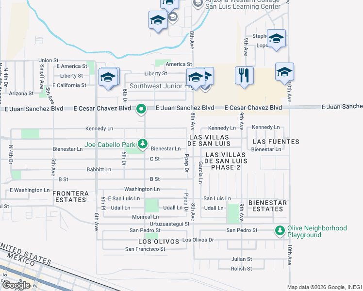 map of restaurants, bars, coffee shops, grocery stores, and more near 10380 Bienestar Lane in San Luis