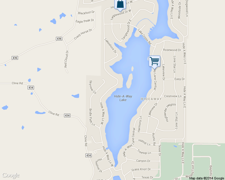 map of restaurants, bars, coffee shops, grocery stores, and more near 1363 Hide a Way Lane West in Hideaway