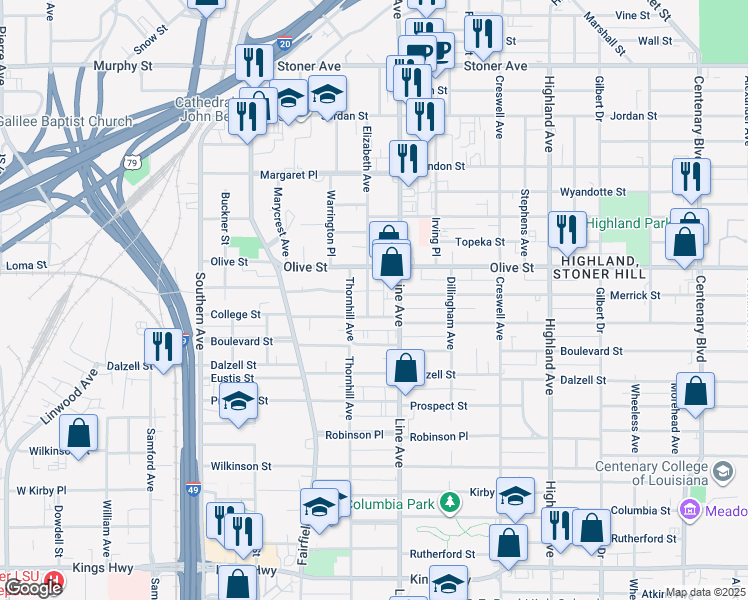 map of restaurants, bars, coffee shops, grocery stores, and more near 2039 Elizabeth Avenue in Shreveport