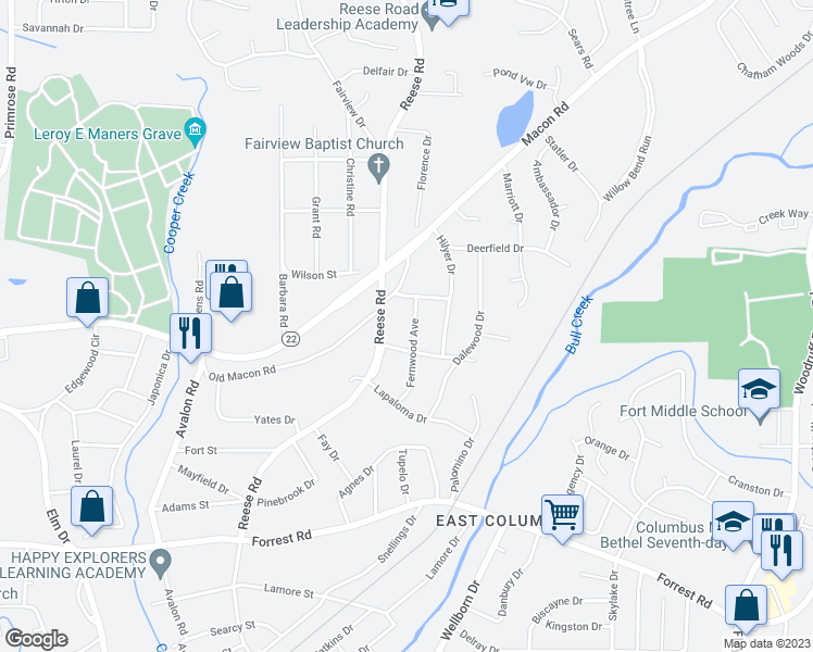 map of restaurants, bars, coffee shops, grocery stores, and more near 2723 Fernwood Avenue in Columbus