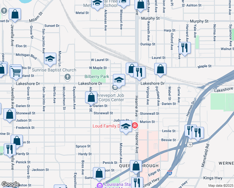 map of restaurants, bars, coffee shops, grocery stores, and more near 2815 Lillian Street in Shreveport