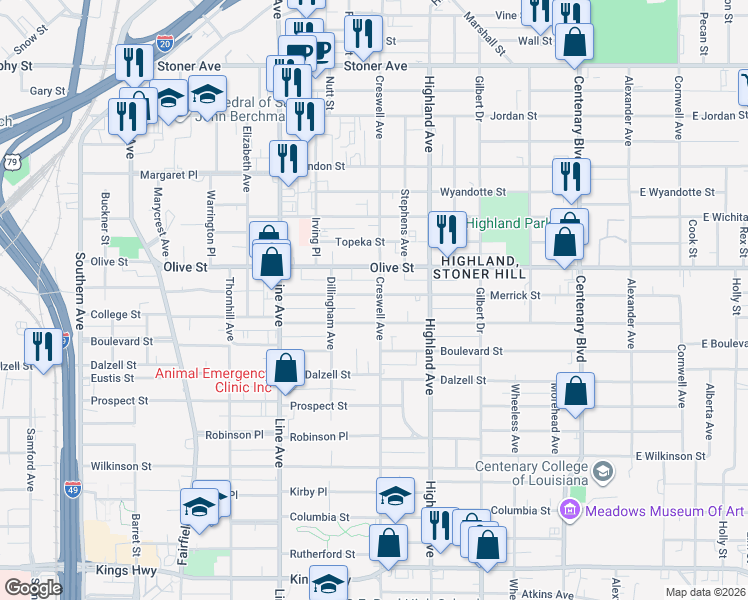 map of restaurants, bars, coffee shops, grocery stores, and more near 619 Merrick Street in Shreveport