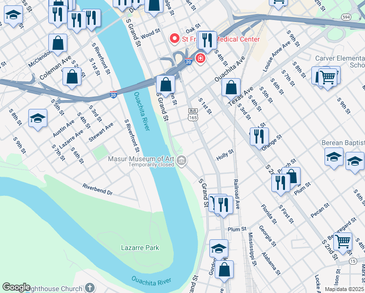 map of restaurants, bars, coffee shops, grocery stores, and more near 1133 S Grand St in Monroe