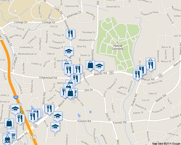 map of restaurants, bars, coffee shops, grocery stores, and more near 3939 Macon Rd in Columbus