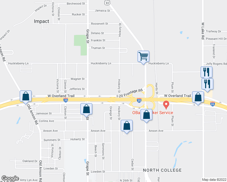 map of restaurants, bars, coffee shops, grocery stores, and more near 3601-3633 Hickory Street in Abilene