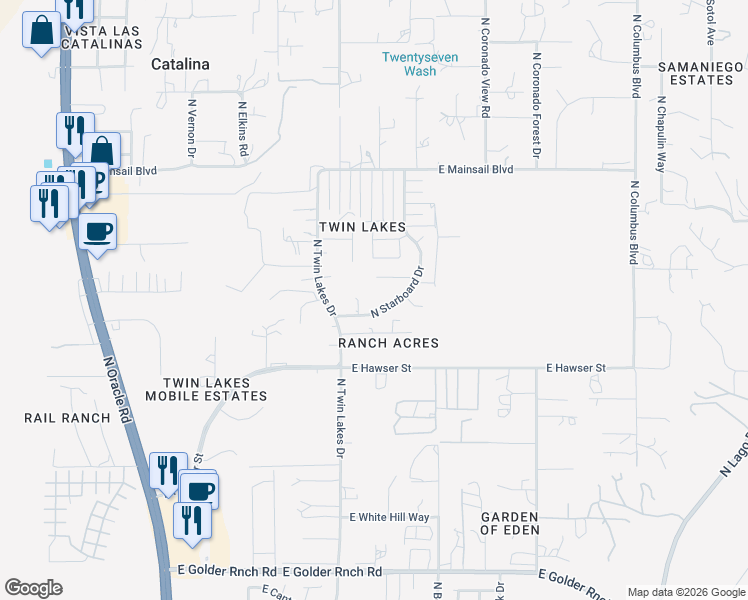 map of restaurants, bars, coffee shops, grocery stores, and more near 15694 North Twin Lakes Drive in Tucson
