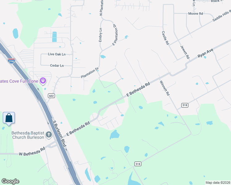 map of restaurants, bars, coffee shops, grocery stores, and more near 335 East Bethesda Road in Burleson