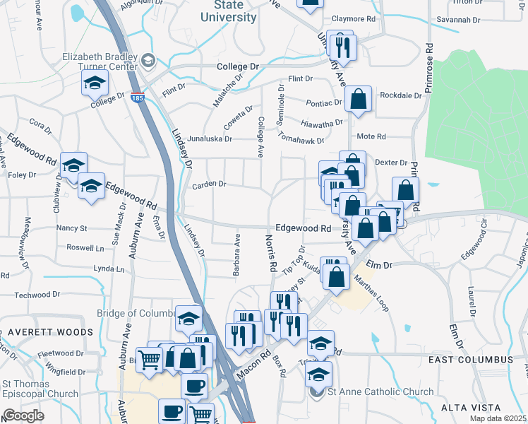 map of restaurants, bars, coffee shops, grocery stores, and more near 2923 Norris Road in Columbus