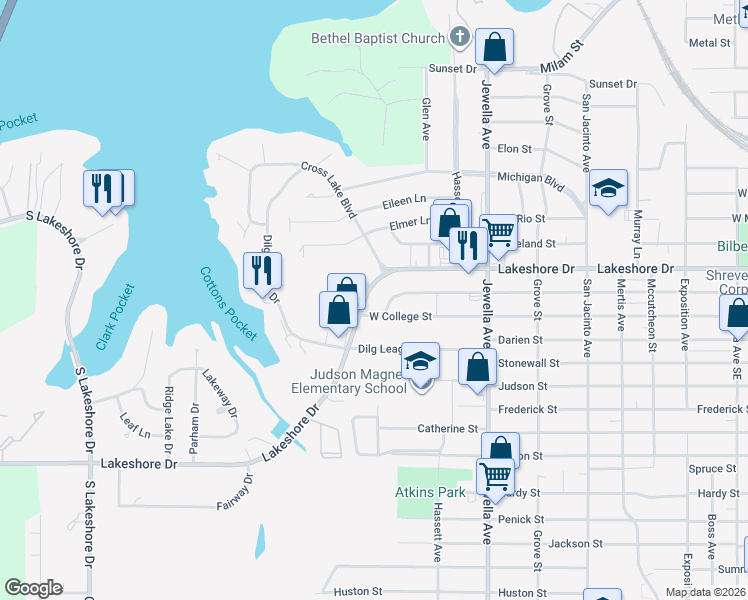 map of restaurants, bars, coffee shops, grocery stores, and more near 3923 Lakeshore Drive in Shreveport