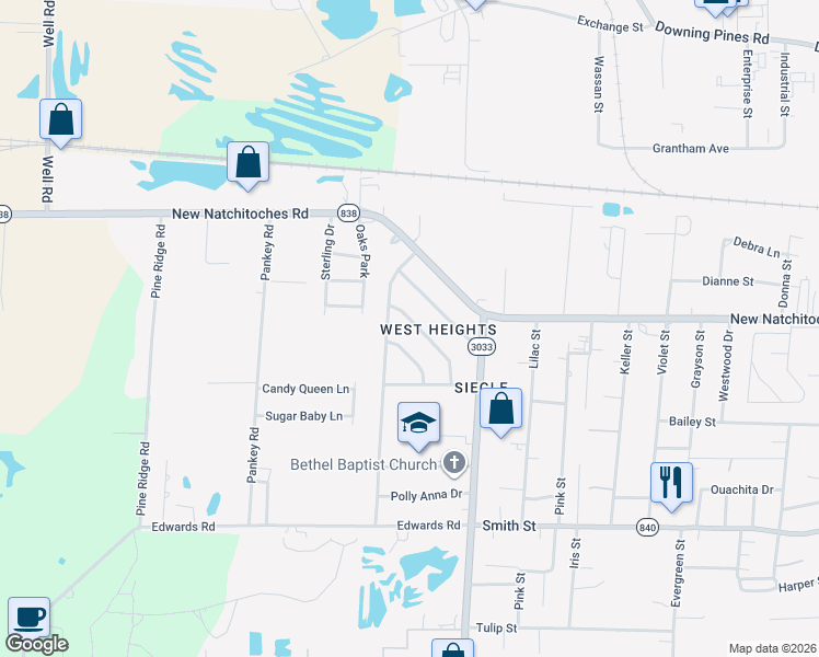 map of restaurants, bars, coffee shops, grocery stores, and more near 115 Thomas Drive in West Monroe