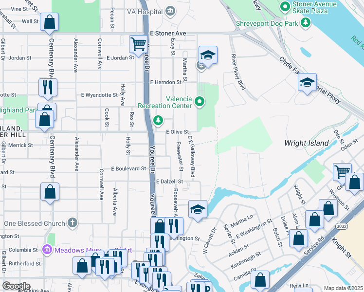 map of restaurants, bars, coffee shops, grocery stores, and more near 2115 Freewater Street in Shreveport