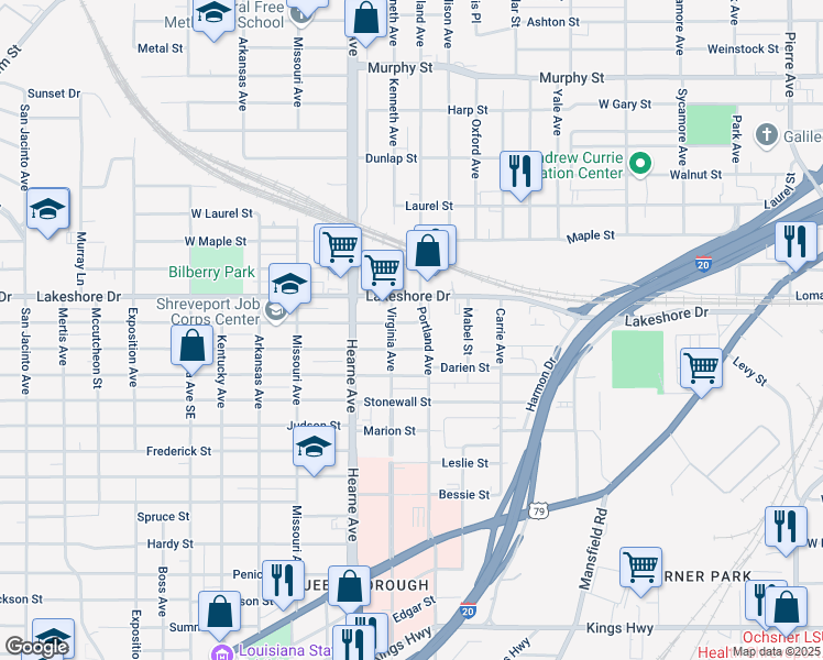 map of restaurants, bars, coffee shops, grocery stores, and more near 2537 Lillian Street in Shreveport