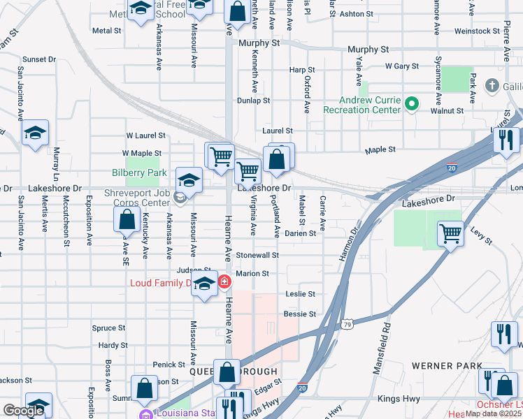 map of restaurants, bars, coffee shops, grocery stores, and more near 2529 Lillian Street in Shreveport