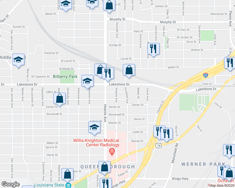 map of restaurants, bars, coffee shops, grocery stores, and more near 2537 Lillian Street in Shreveport