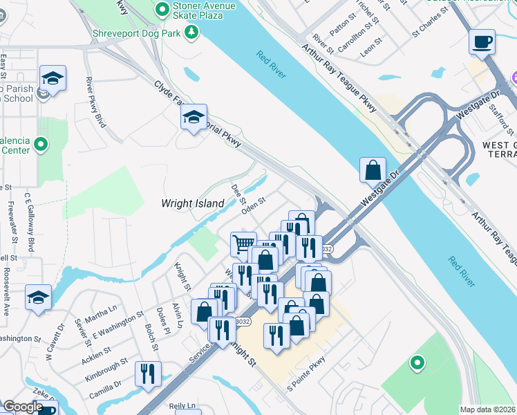 map of restaurants, bars, coffee shops, grocery stores, and more near 1309 Oden Street in Shreveport