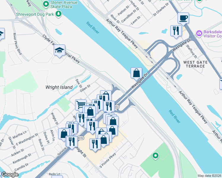 map of restaurants, bars, coffee shops, grocery stores, and more near 1349 Georgia Street in Shreveport