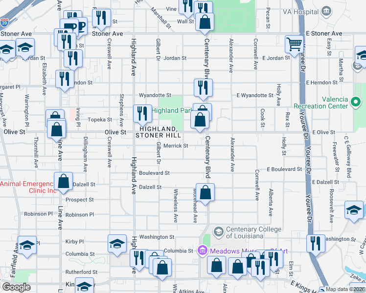 map of restaurants, bars, coffee shops, grocery stores, and more near 255 Merrick Street in Shreveport