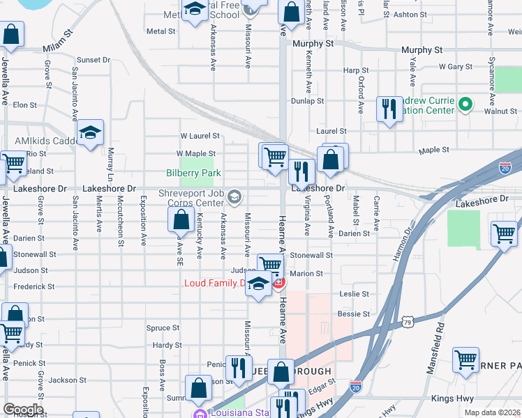 map of restaurants, bars, coffee shops, grocery stores, and more near 2739 Lillian Street in Shreveport