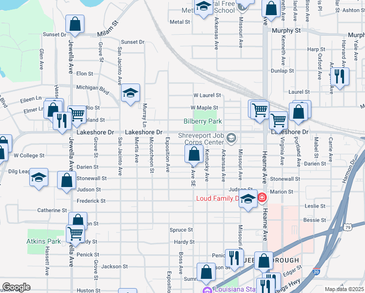 map of restaurants, bars, coffee shops, grocery stores, and more near 3127 Lillian Street in Shreveport