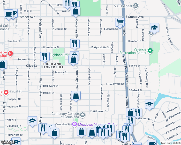 map of restaurants, bars, coffee shops, grocery stores, and more near 113 East Merrick Street in Shreveport