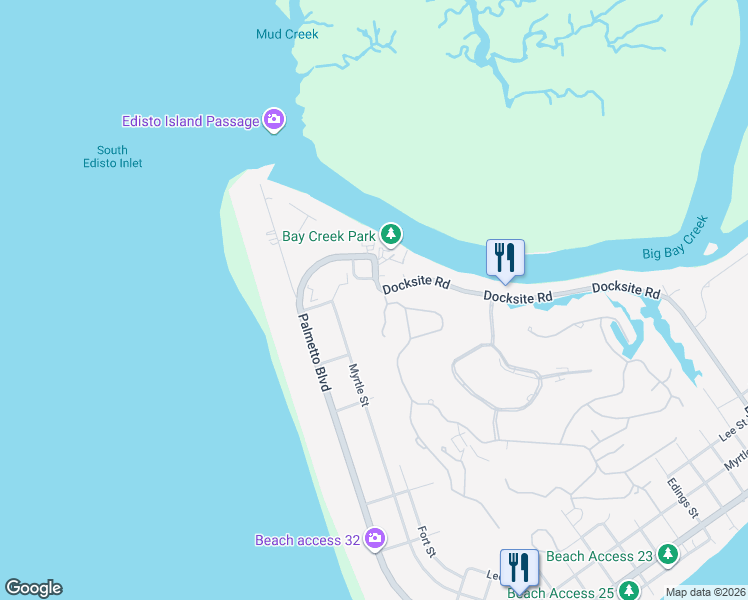 map of restaurants, bars, coffee shops, grocery stores, and more near 1 Myrtle Street Exd in Edisto Island